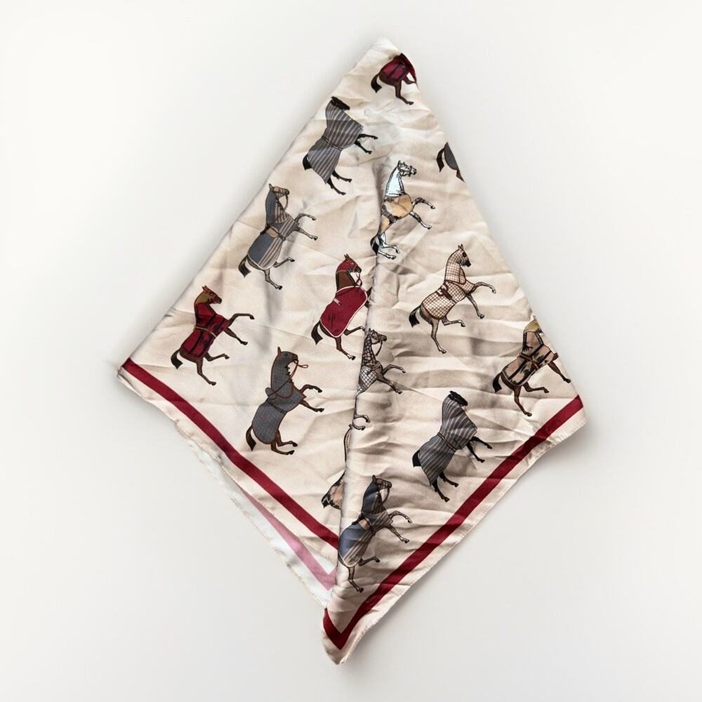 Horses In Blankets Scarf 27" x 27" Square Satin Equestrian Chic Champagne - Picture 2 of 8